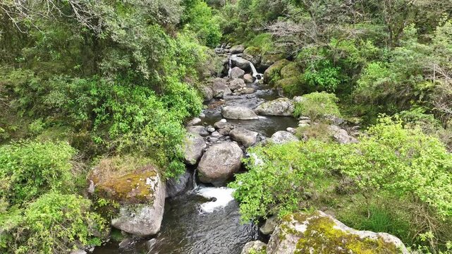 Imagen de dron de peque&ntilde;a cascada en las Yungas de Tucuman, Argentina