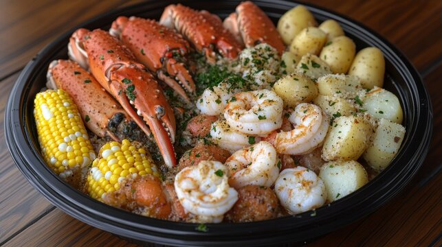 Seafood boil platter, restaurant, wooden table, corn, potatoes