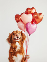 Nova Scotia Duck Tolling Retriever with heart balloons dog pet animal in a cute joyful portrait