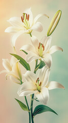 Fototapeta premium Close-up of white lilies on a soft, pastel-colored background, symbolizing purity, beauty, and tranquility, ideal for themes of nature, growth, and freshness.