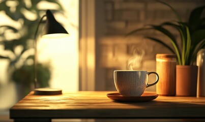 Freshly brewed coffee in a stylish ceramic cup placed on a wooden table, soft morning light illuminating the scene perfectl
