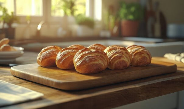 Freshly baked bread arranged on a wooden board, soft morning light adding warmth to the rustic kitche