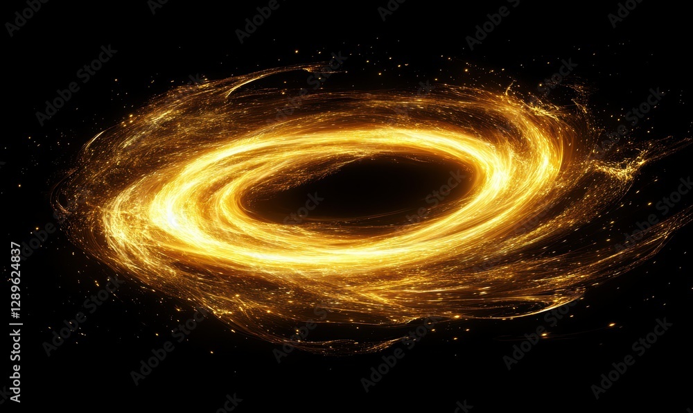 Poster dynamic abstract composition of swirling golden particles forming a glowing vortex against a dark ba