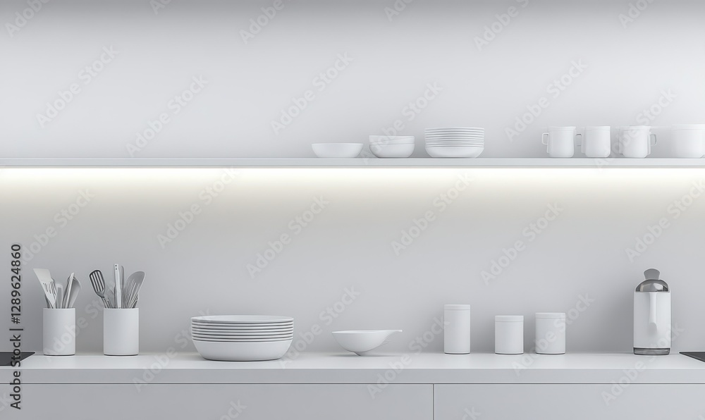 Aufkleber minimalist white kitchen setup with neatly arranged dishes and utensils, clean lines and soft lighti