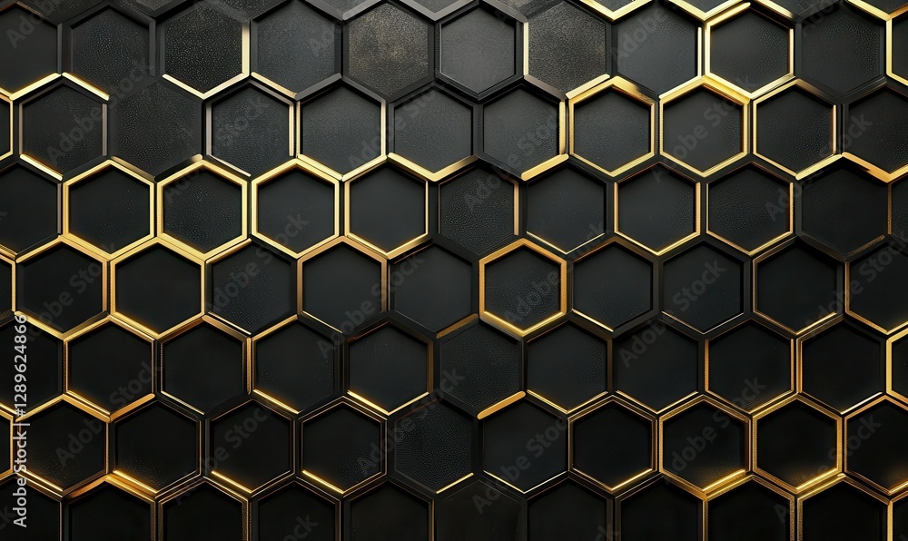 Poster minimalist geometric pattern of black hexagons with glowing golden edges, illuminated by ambient lig