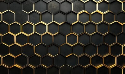 Minimalist geometric pattern of black hexagons with glowing golden edges, illuminated by ambient light, creating a bold and futuristic design