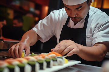 Sushi chef preparing exquisite Japanese cuisine in a culinary setting with fresh ingredients