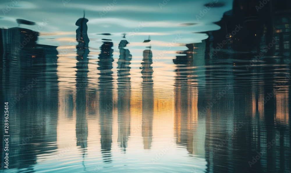 Aufkleber modern cityscape reflected in a pool of water, with dynamic ripples adding motion to the serene view