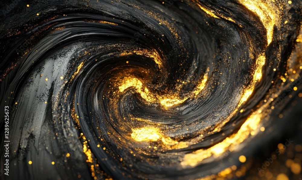 Poster dynamic abstract swirl of molten gold and black textures illuminated by glowing light, creating a bo