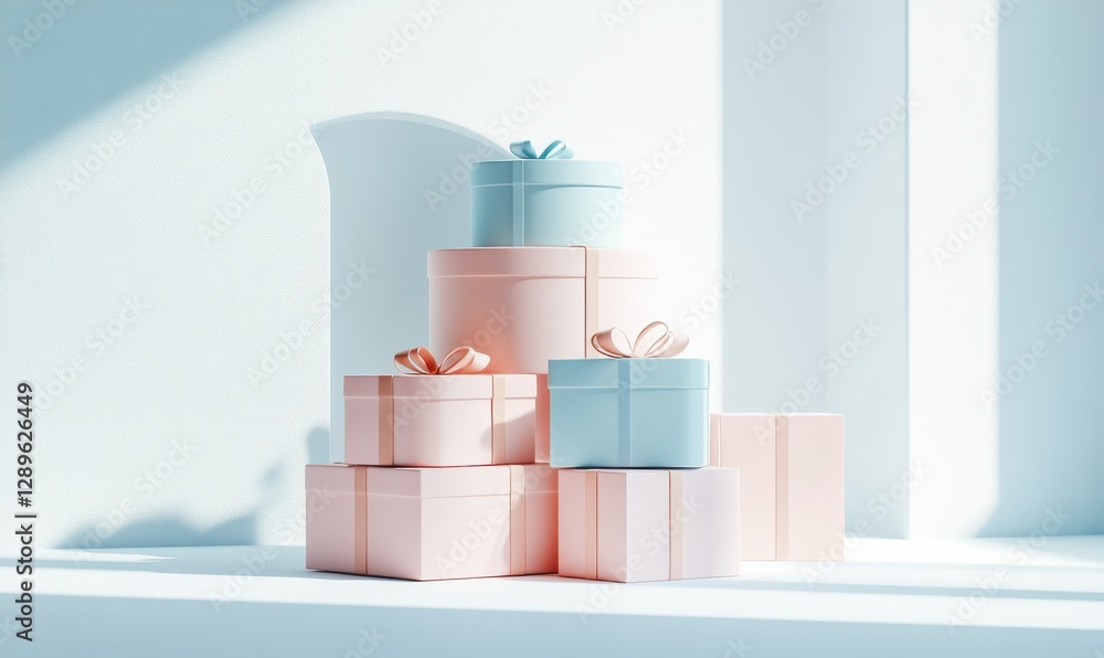 Poster minimalist arrangement of matte gift boxes in soft pastel tones, stacked neatly on a smooth white su