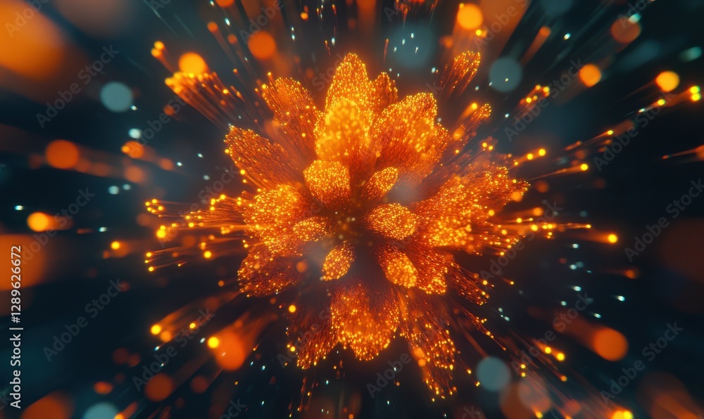 Poster dynamic burst of glowing orange and yellow particles radiating from a central point, creating an ene