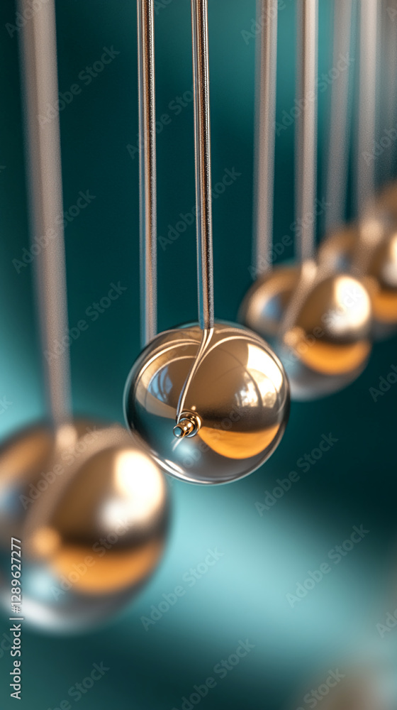 Poster Close-up of metallic spheres suspended on strings in a Newton's cradle, demonstrating the concept of energy transfer, motion, and equilibrium with a soft teal background.