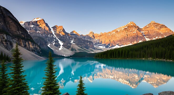 Calm Turquoise Lake Reflecting Snow-capped Mountains and Pine Trees on Sunny Day