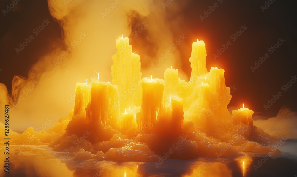 Poster dynamic cluster of yellow candles melting slowly under soft glowing light, creating a warm and intim