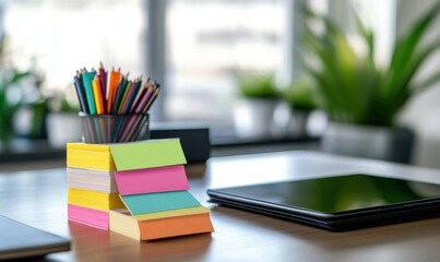 Office desk with neatly stacked sticky notes in various colors placed beside a sleek black tablet, vibrant and organized workspace theme, clean layout