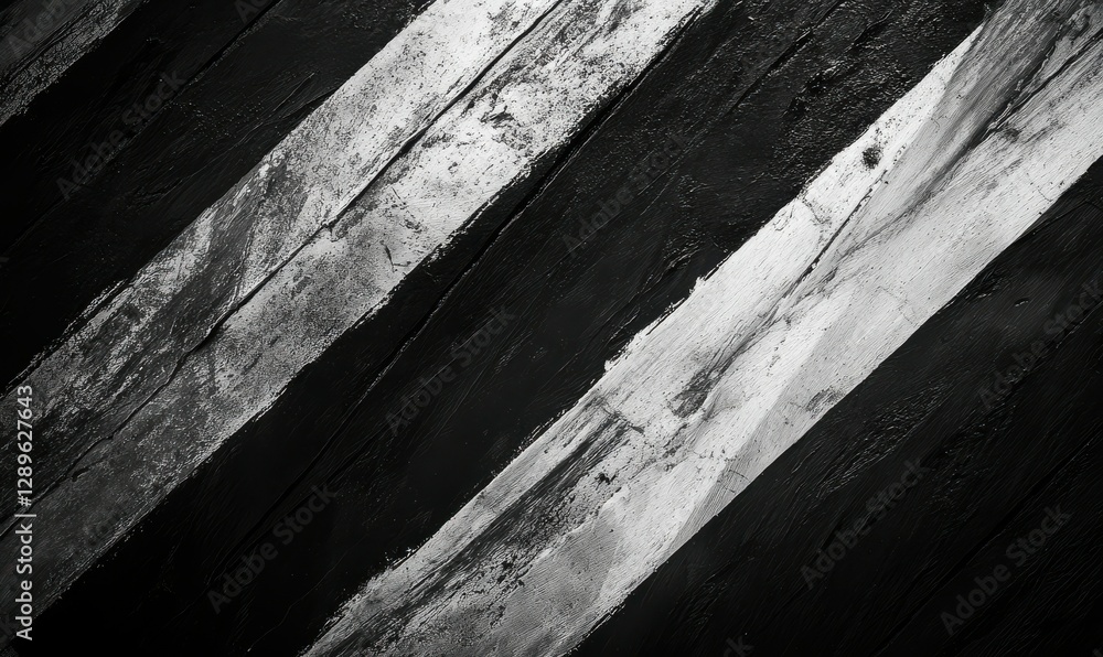 Poster dynamic diagonal streaks of black and white paint, layered with sharp textures and glowing accents f