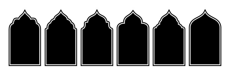 Traditional islamic window shapes in oriental style. Set of black silhouettes eid mubarak decorative arches. Arabic muslim architecture design elements, ramadan frames
