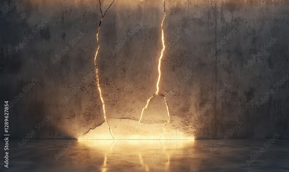Poster minimalist rendering of a cracked concrete wall illuminated by dynamic warm light. muted tones and s