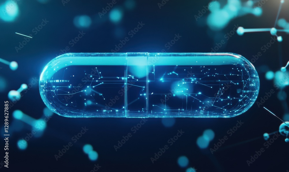 Fototapete minimalist rendering of a sleek blue capsule surrounded by glowing digital connections on a gradient
