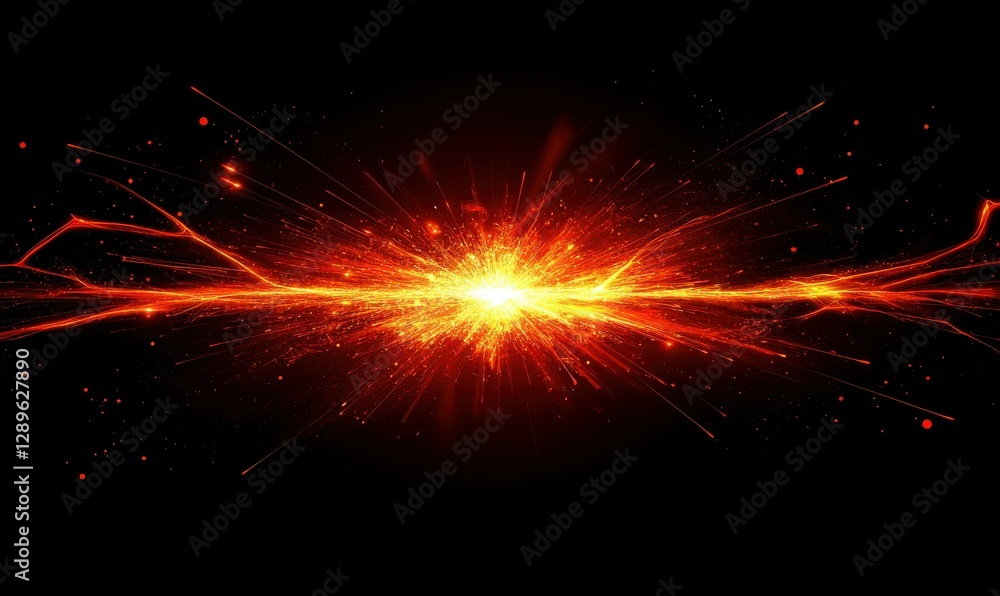 Poster dynamic explosion of glowing red and orange sparks against a dark background, creating an energetic 