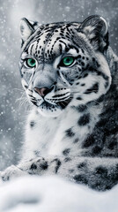Fototapeta premium A majestic snow leopard with piercing green eyes gazes into the distance against a snowy backdrop, showcasing its beauty