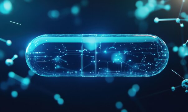 Minimalist rendering of a sleek blue capsule surrounded by glowing digital connections on a gradient background. Clean lines emphasize innovation,