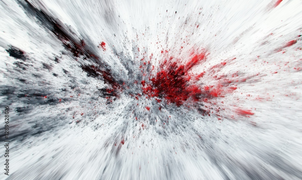 Poster dynamic explosion of red and gray particles frozen mid-motion, creating an intense and energetic abs