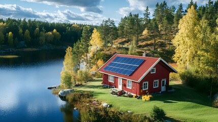 Obraz premium House with Solar Panels by Lake