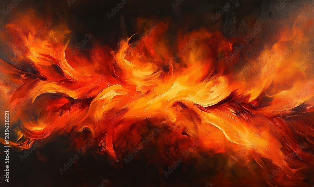 Poster dynamic flames roaring in a dark setting, their bold orange and red tones capturing movement and int