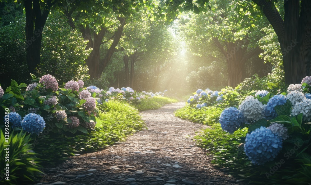 Poster pathway in a lush green garden with blooming hydrangeas, soft filtered light through trees adding a 