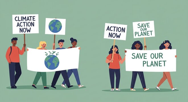 Diverse Group Protesting for Climate Action Now - Vector Illustration: This title immediately highlights the diversity of the protestors, the core message.