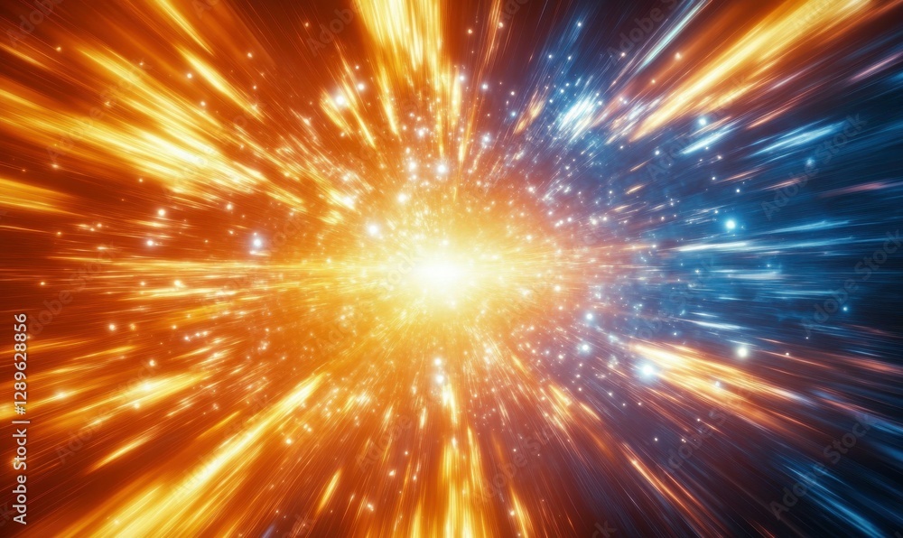 Poster dynamic glowing orange and blue cosmic nebula illuminated by radiant light, creating a powerful and 
