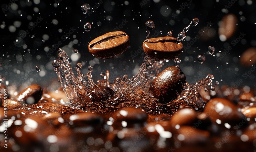 Aufkleber dynamic macro of coffee beans splashing into water, with droplets and bubbles creating a sense of en