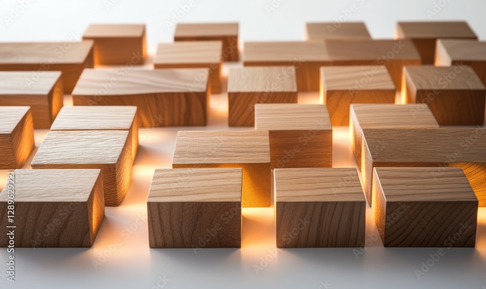 Poster minimalist wooden blocks arranged in a geometric pattern, softly illuminated to emphasize their clea