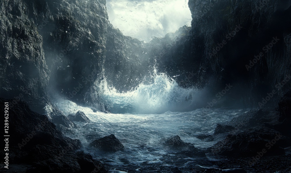 Poster dynamic ocean wave crashing against rocky cliffs, illuminated by bright natural light, creating a po