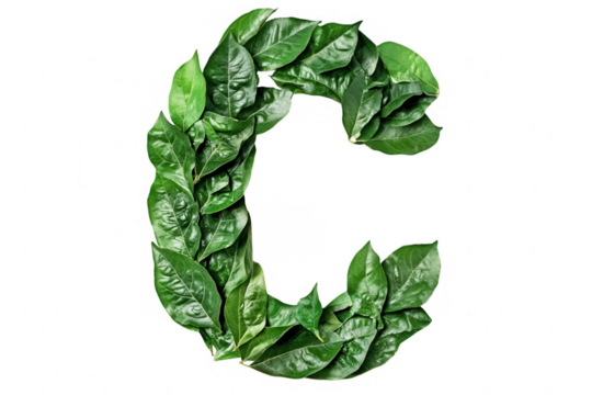 Leafy letter C design made from fresh green leaves on a transparent background for decorative and educational purposes