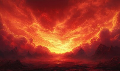 Fototapeta premium Dynamic red and orange sky with dramatic cloud formations during sunset, casting warm hues over the horizon