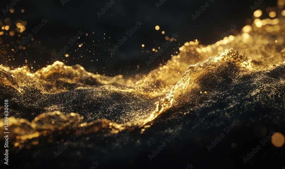 Aufkleber dynamic splash of golden liquid against a black background illuminated by glowing light, creating a 