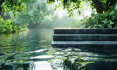 Obraz premium Reflective water rippling over concrete steps leading to a serene urban pond surrounded by greenery. Cool tones evoke calm and balance,