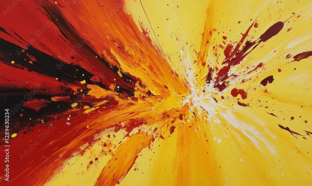 Aufkleber dynamic splash of vibrant red and yellow paint blending together, softly illuminated to create an en