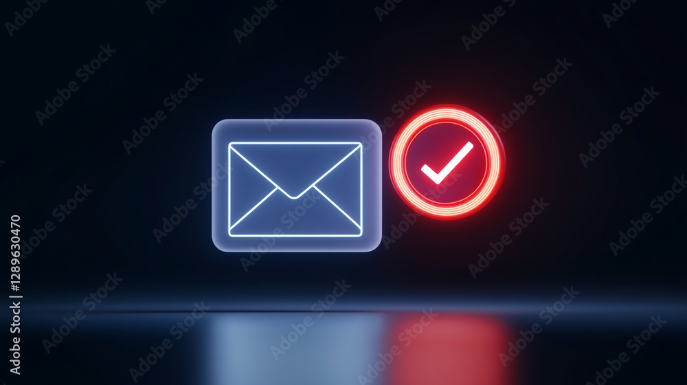 Poster A glowing neon envelope icon and a check mark symbol in red and blue, set against a dark background, representing message delivery confirmation or email success.