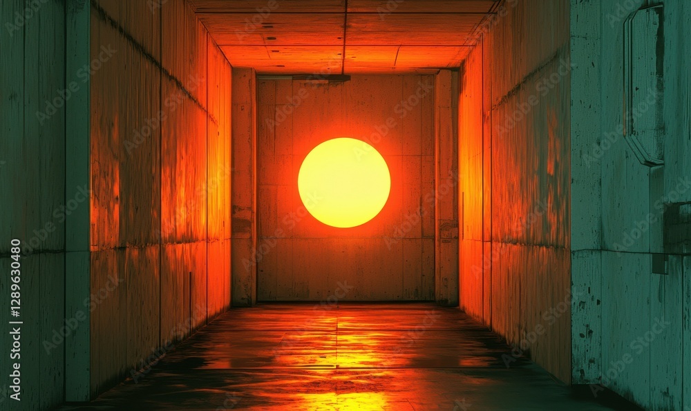 Poster mysterious dark corridor illuminated by glowing orange circular light in a sci-fi setting .