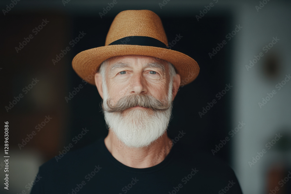 Poster a man with a mustache and a straw hat is standing in front of a black background