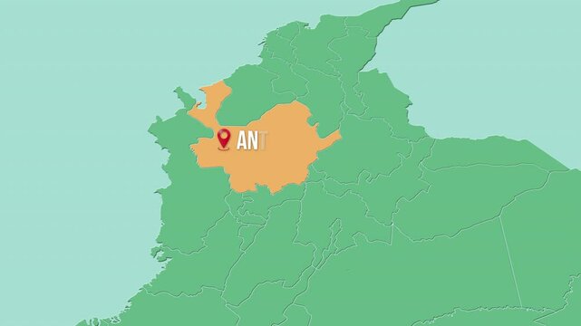 Mapa de Colombia con divisi&oacute;n pol&iacute;tica resaltando el estado Antioquia.