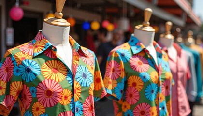 Obraz premium Colorful floral shirts displayed on mannequins at a vibrant outdoor market