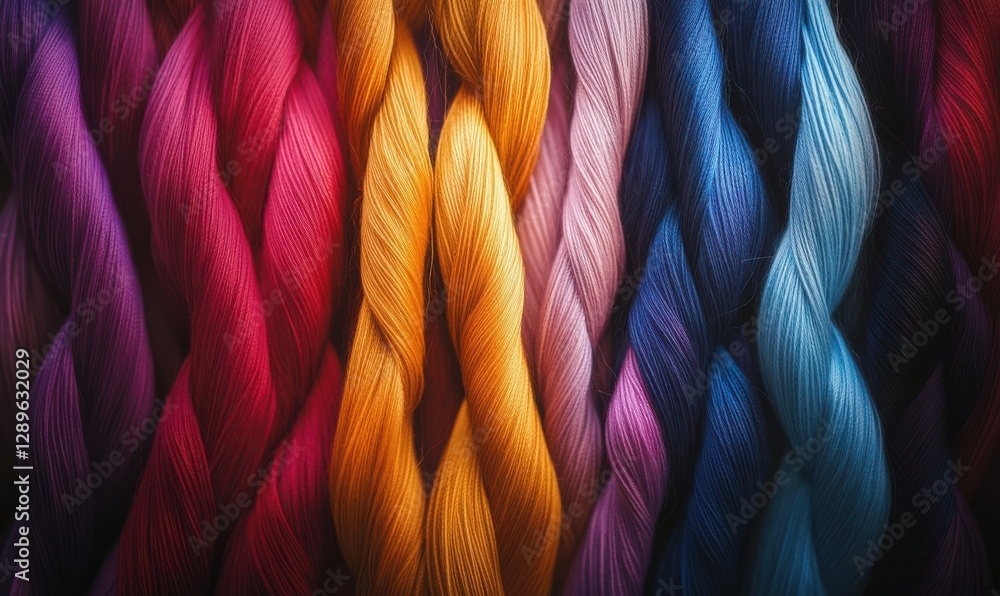Poster vibrant close-up of colorful threads neatly arranged on a rack, soft warm light adding depth and vib