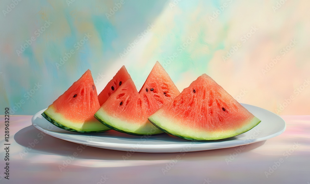Poster fresh watermelon slices neatly arranged on a white ceramic plate placed on a pastel background illum