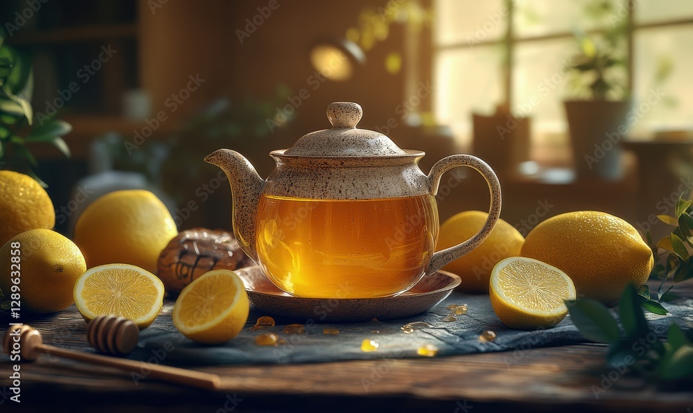 Poster freshly brewed tea in a rustic ceramic teapot placed on a wooden table surrounded by lemon slices an