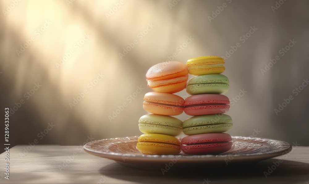 Poster playful assortment of colorful macarons stacked neatly on a textured plate, illuminated by soft natu
