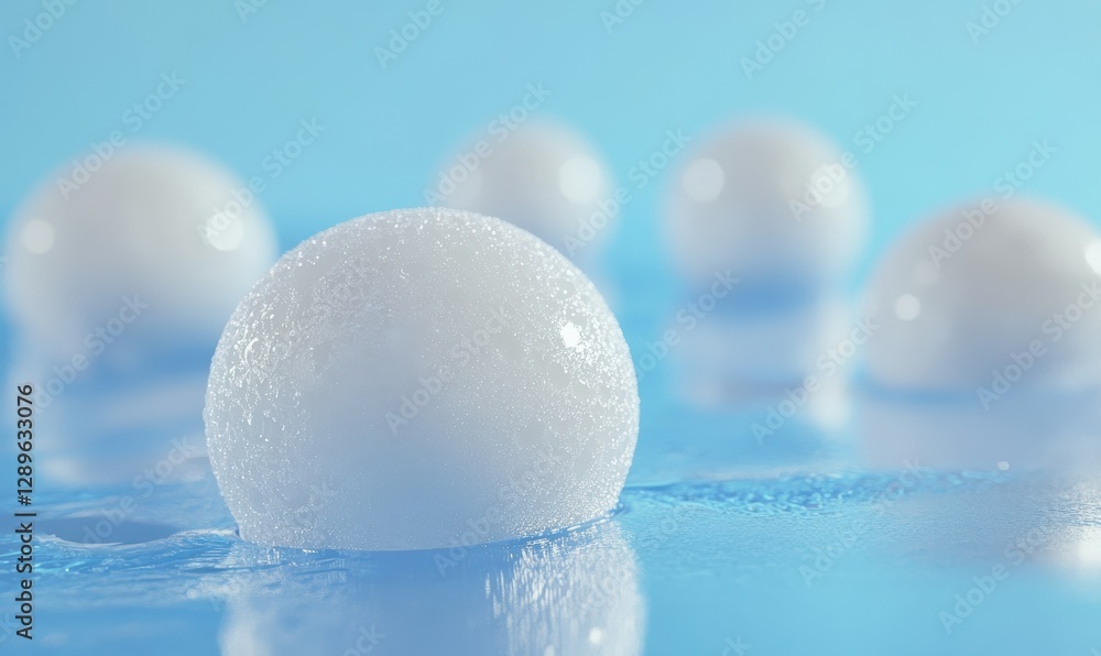 Poster frosted condensation droplets resting on a smooth blue surface, soft lighting creating a refreshing 